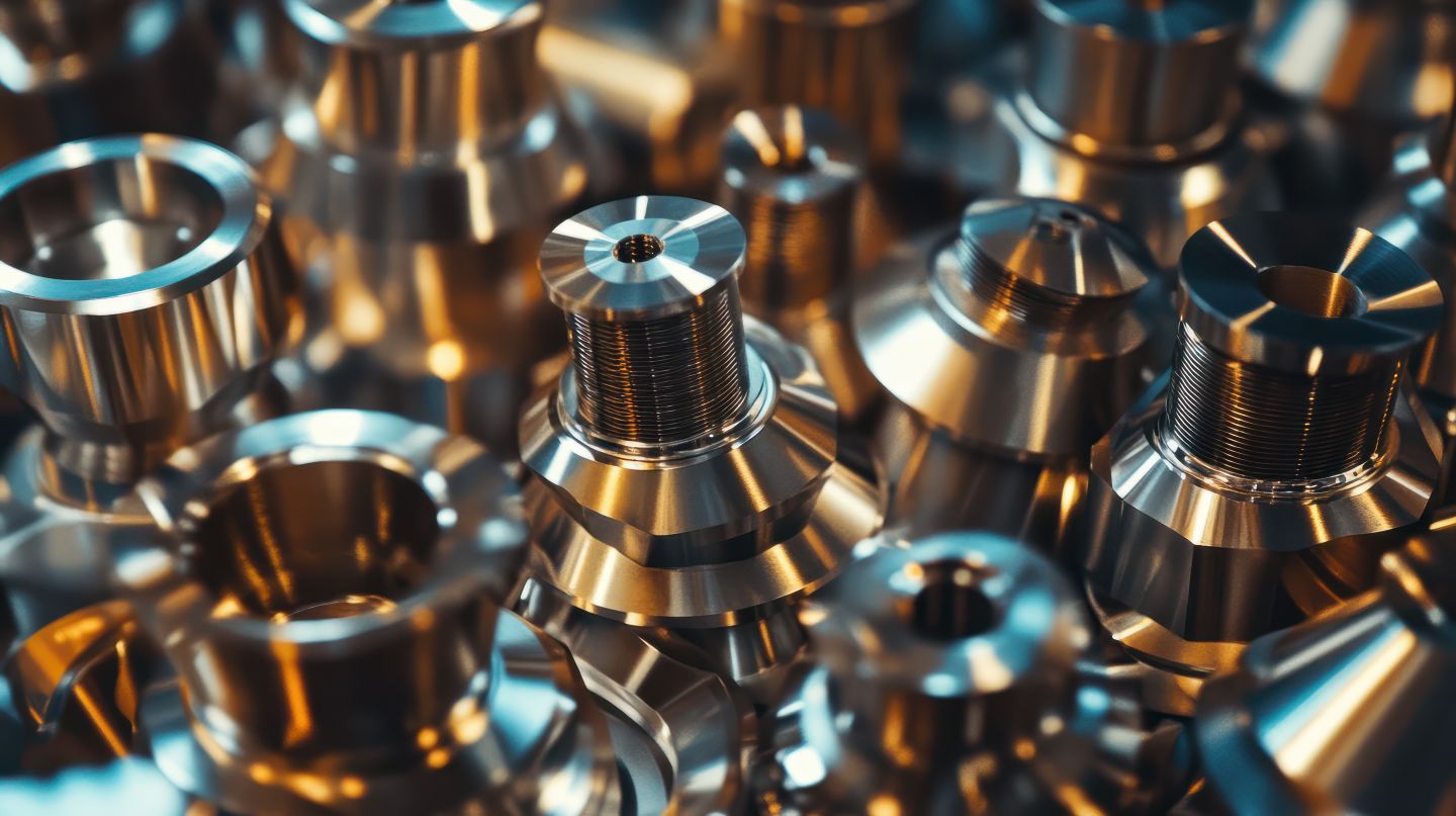 a batch of shiny metal cnc aerospace parts production - close-up with selective focus for industrial background