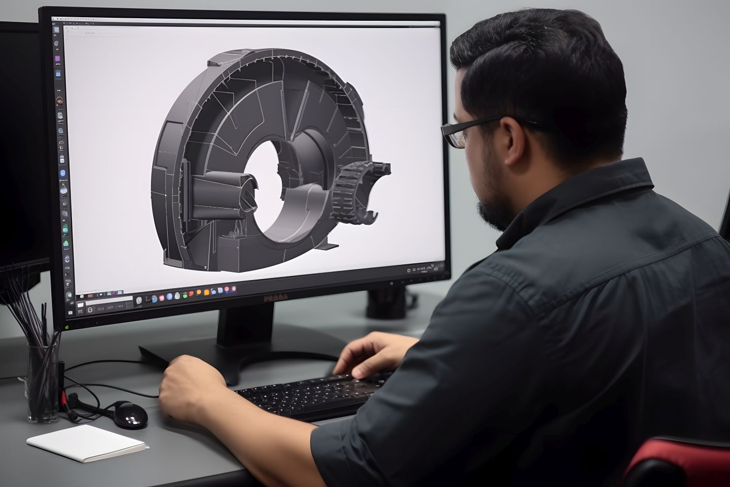 A mechanical engineer designing intricate machine components on a computer-aided design (CAD) software. Generative AI