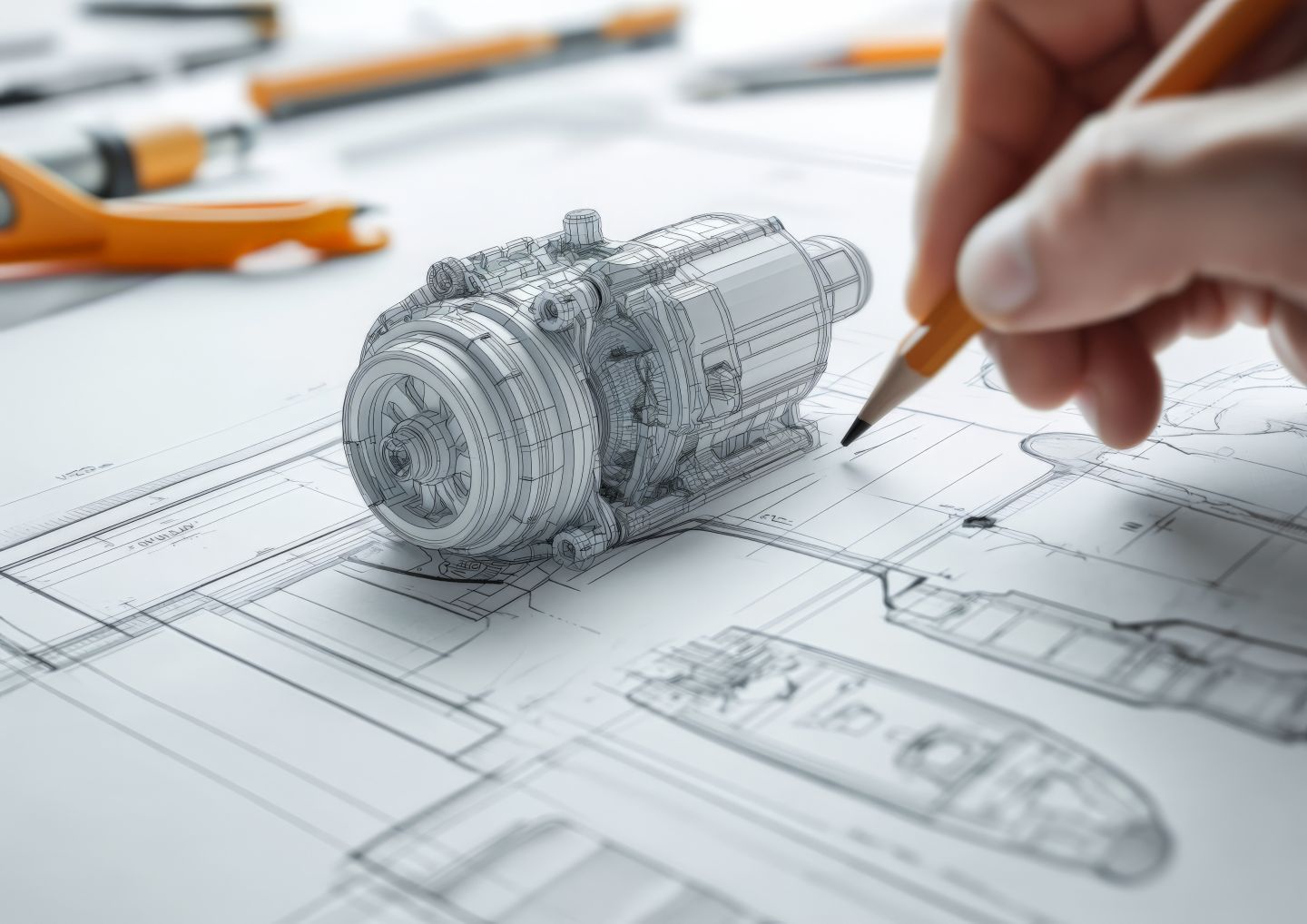 Mechanical Engineer Perfecting a Motor Design in Technical Drawing